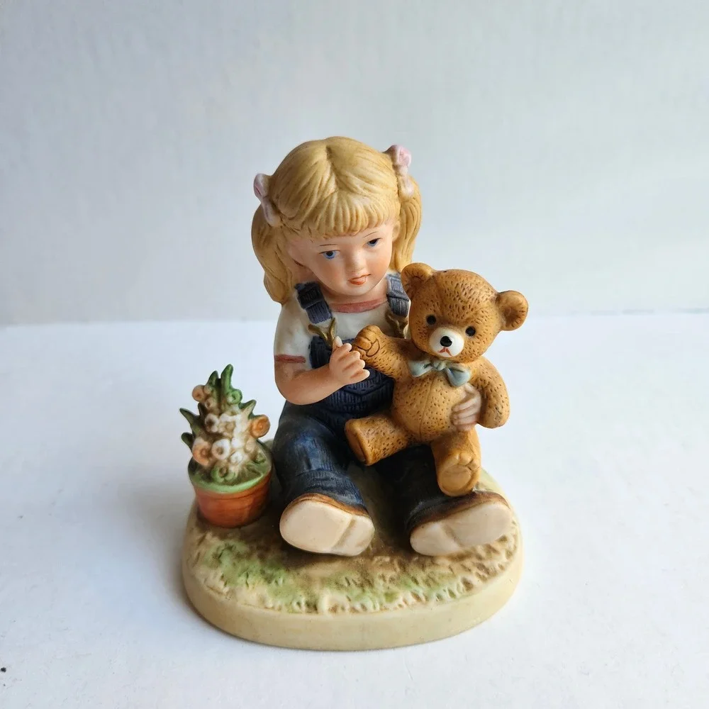 Vintage Homco Denim Days Figurine 1504 Girl with Teddy Bear and Flower Pot 1985